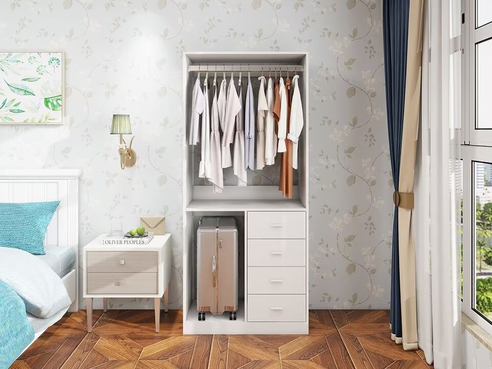 Wooden Closet System: Walk-in Closet Organizer System Free Standing with 4 Drawers Closet Kit with Shelves Hanging Rod Small Built-in Clothe Storage Organization 31.5"W x 15.7"D x 70.8"H