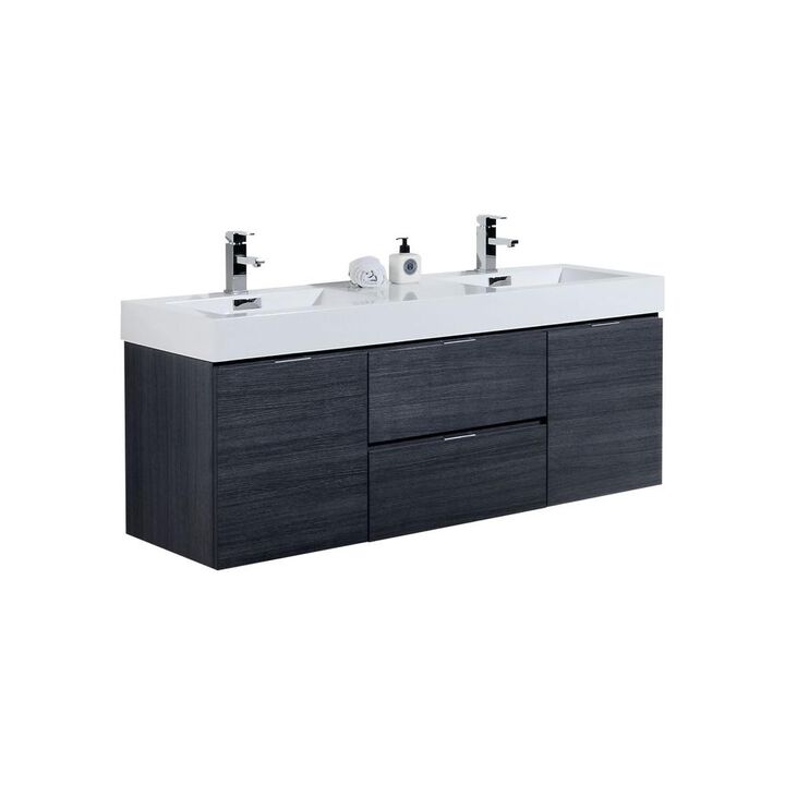 Kubebath Bliss 60 Double Sink Gray Oak Wall Mount Modern Bathroom Vanity