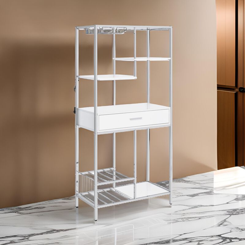 Roa 67 Inch Wine Bar Storage with 5 Shelves, 1 Drawer, White, Chrome Metal - Benzara