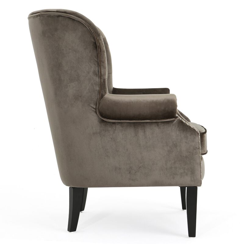Nire Accent Club Chair, Nailhead Trim, Brown Birch Wood, Gray Velvet - Benzara