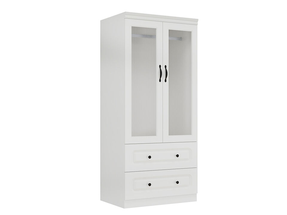 Armoire Wardrobe with 2 Glass Doors and 2 Drawers, Armoire Wardrobe Closet with Hanging Rod, Wood Storage Wardrobe for Large Storage, Armoires and Wardrobes for Bedroom White
