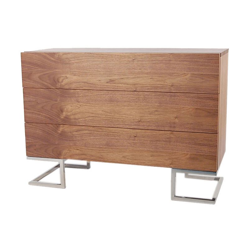 Sam 39 Inch Dresser, 3 Drawers, Sleek Chrome Steel Legs, Walnut Brown Wood - Benzara