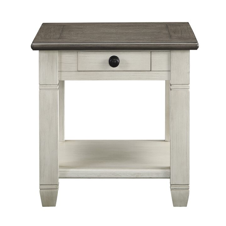 Rome 26 Inch Side End Table, Square, 1 Drawer, Brown, White, Solid Wood - Benzara
