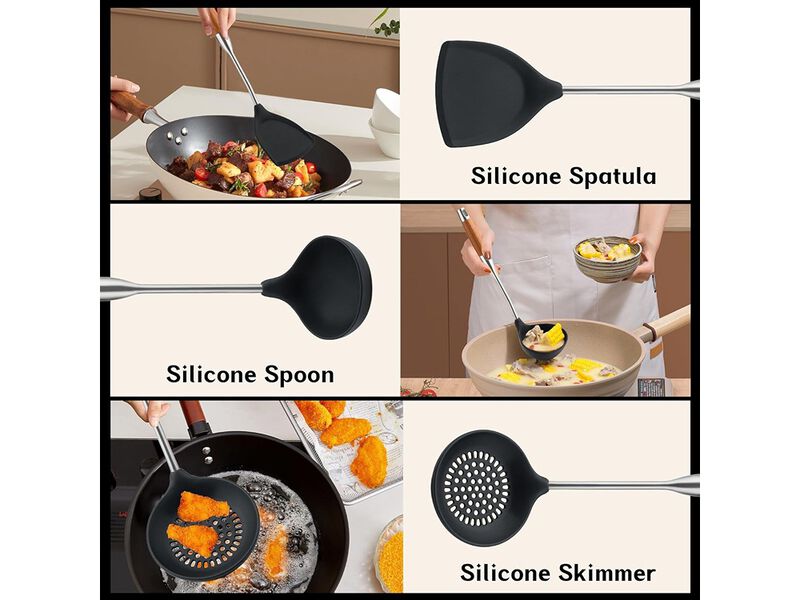 FJNATINH Silicone Wok Spatula,Ladle,Skimmer Ladle Tool Set
