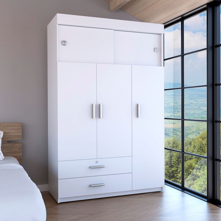 DEPOT E-SHOP Indiana Armoire, Three Door Cabinet, Two Drawers, Metal Hardware, Rod, White