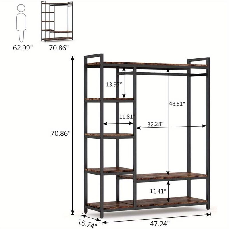 Large Free-standing Closet, Standing Clothes Garment Rack, Organizer with 6 Storage Shelves and Hanging Bar