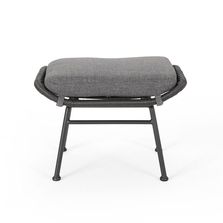 Margo Outdoor Ottoman Set of 2, 24 Inch Black Iron, Gray Cushion -Benzara