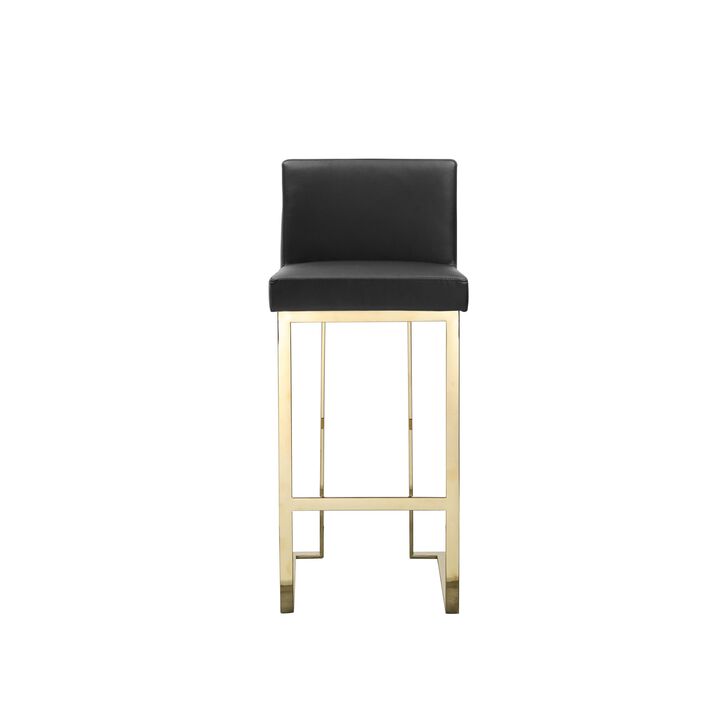 Boly 30 Inch Barstool Chair, Cushioned Black Faux Leather, Gold Cantilever - Benzara