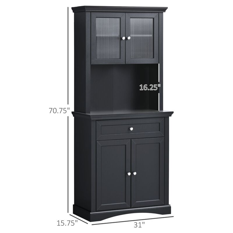 Black Kitchen Tower: 71" Freestanding Hutch Cabinet with Doors and Drawer