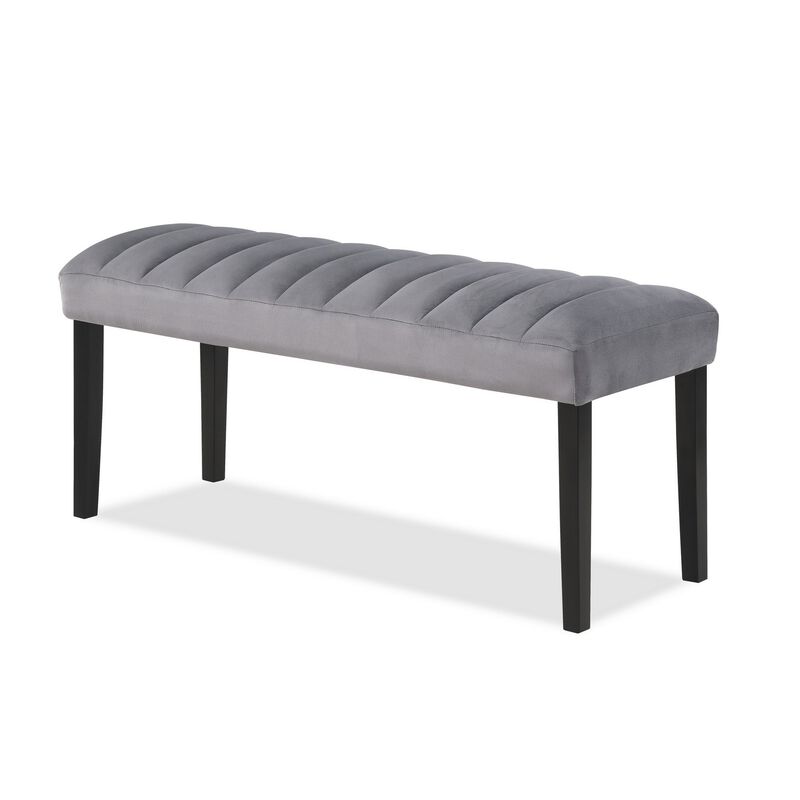 Marcus 46 Inch Dining Bench, Fabric Upholstery, Wood, Tufted, Gray, Black - Benzara