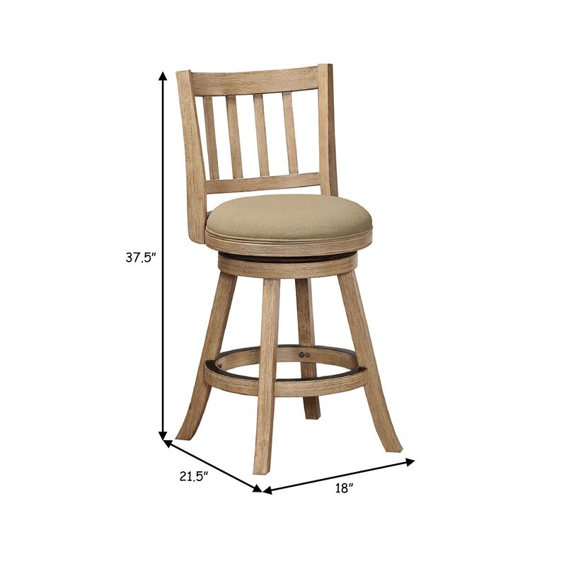 Adam 24 Inch Solid Wood Swivel Counter Stool, Slatted Back, Oat Brown-Benzara