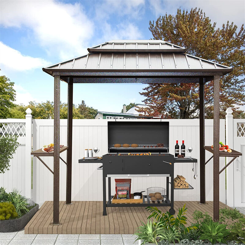 Aluminum BBQ Gazebo - Outdoor Metal Frame, Shelves, Double Roof (Brown)