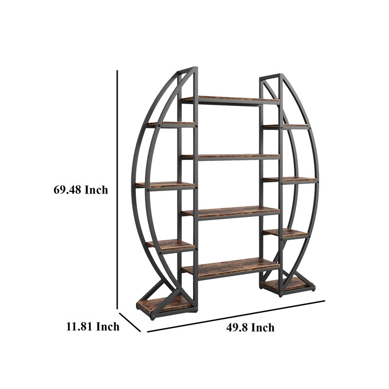 Oval Bookshelf, 12 Brown Wood Shelves, 5 Tier Black Frame, 69 Inch - Benzara
