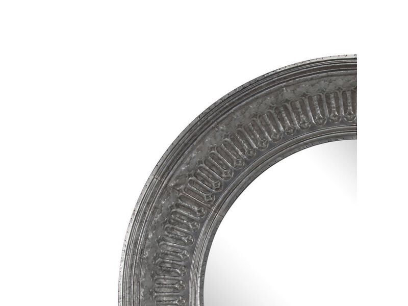 Round Wall Mirror with Thick Embossed Metal Border, Antique Gray-Benzara