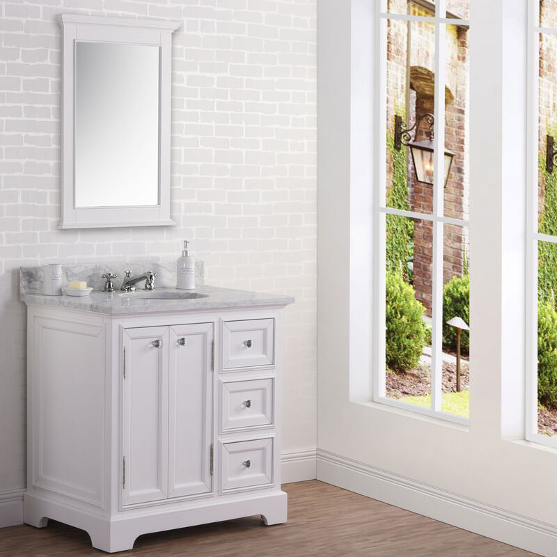 Derby 36 In. Single Sink Carrara White Marble Countertop Bath Vanity In Pure White