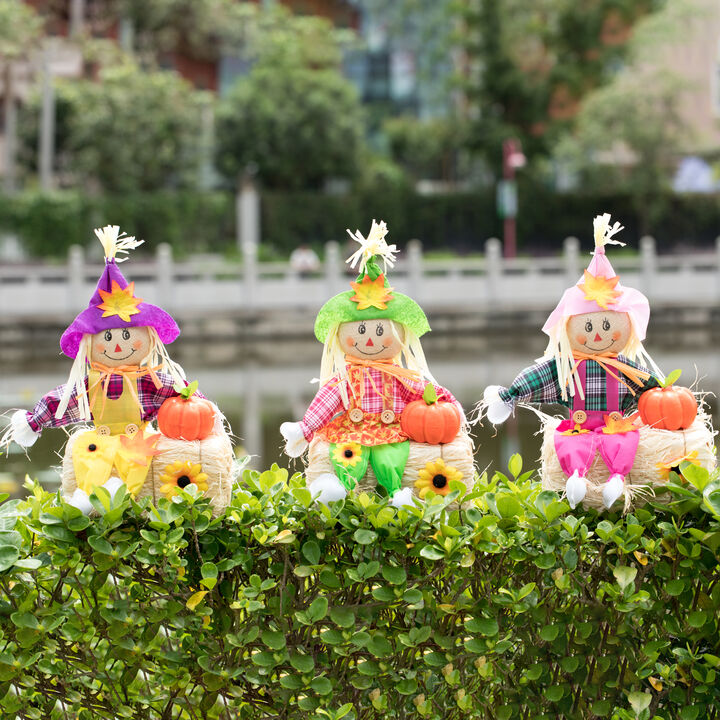 Gardenised 18 Inch Sitting on Straw and Hay Bales Multicolor Trio Scarecrows for Halloween, Fall and All Time Season Garden Decor, Perfect to Add a Festive Touch to Your Lawn