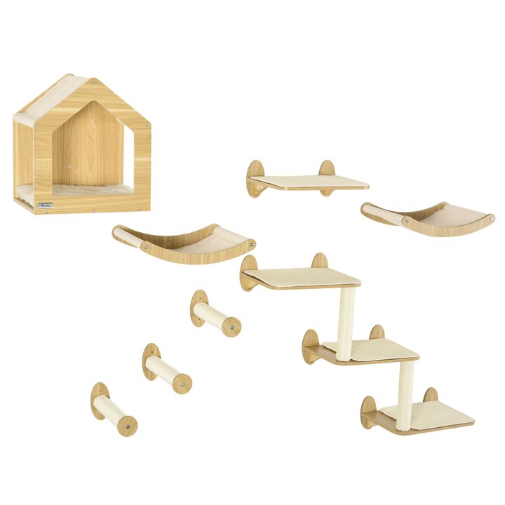 Oak Cat Playground: 8-Piece Wall-Mounted Climbing Set with Condo & Hammock