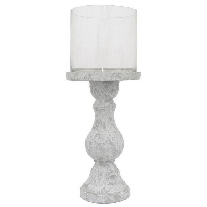 Kris Candle Holder, Hurricane Glass Top, White Gray Ceramic 15 Inch - Benzara