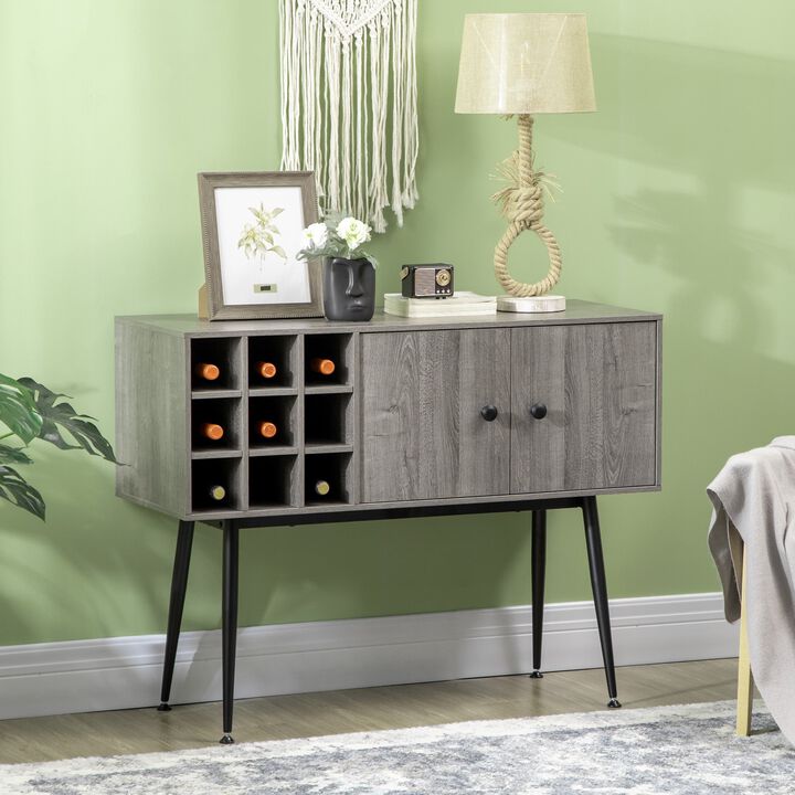 Distressed Gray Bar Cabinet: Buffet with Wine Rack & Adjustable Shelf