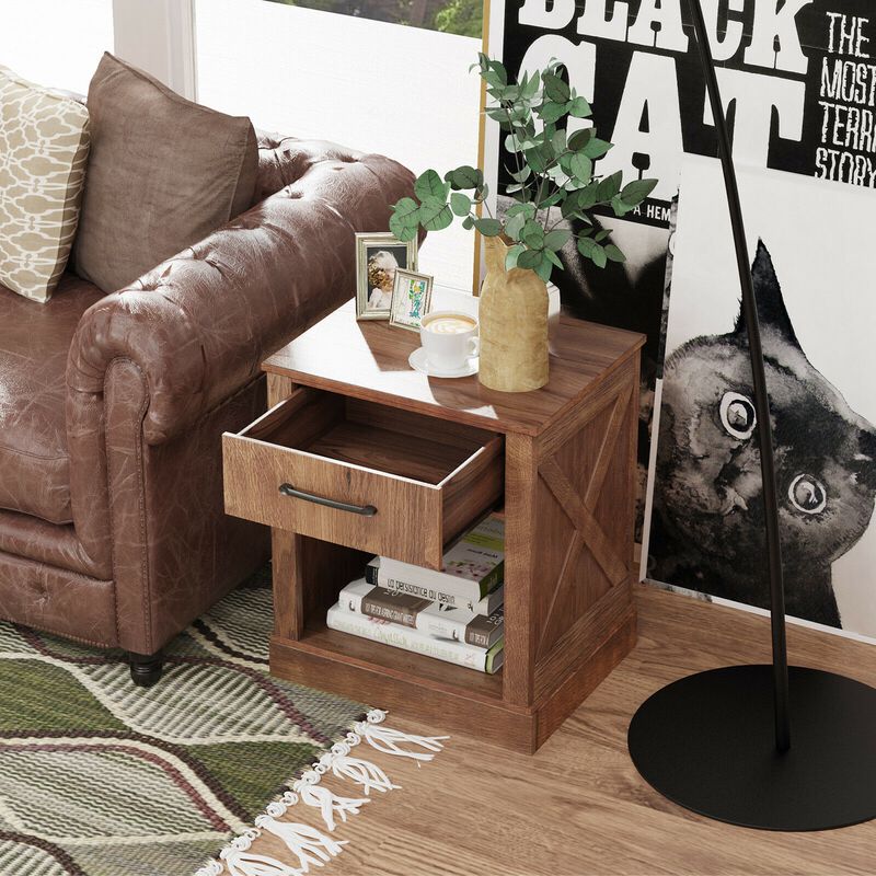Compact Nightstand with Drawer and Open Compartment-Brown