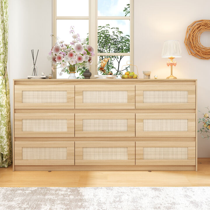 FUFU&GAGA 9-Drawer Dresser with Woven Rattan Panels, Modern Storage Cabinet (62.9" W x 15.7" D x 31.9" H), Brown
