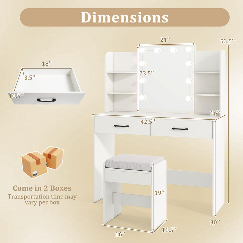 Vanity Set with Lighted Mirror and Stool with Power Outlet