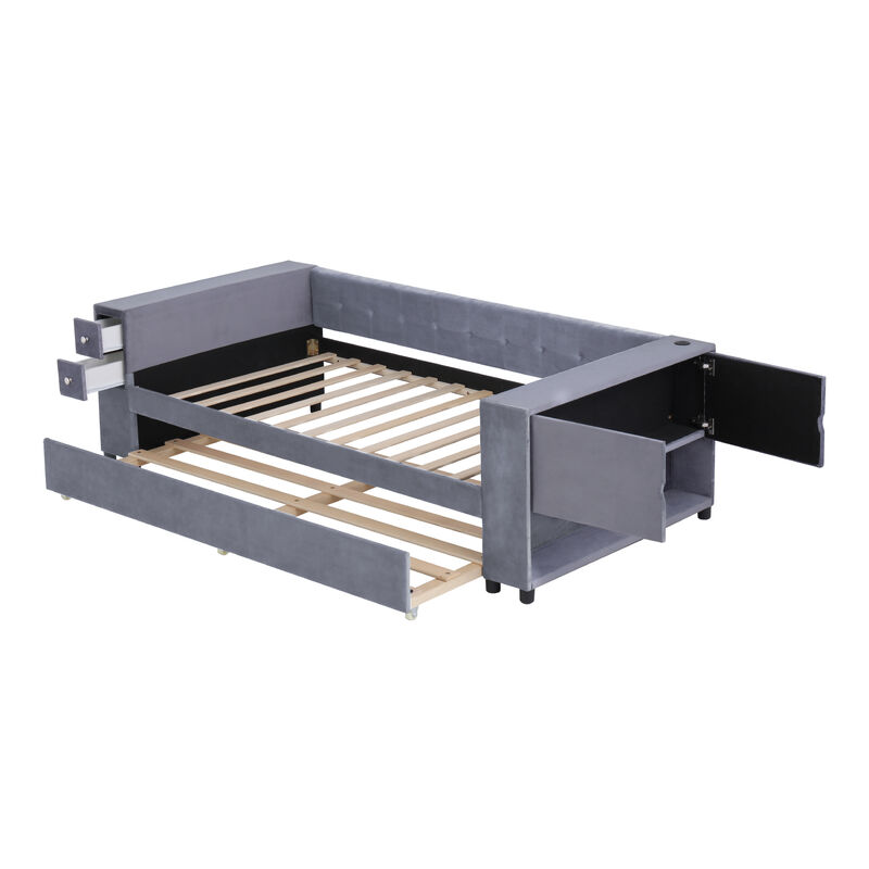 Merax Upholstered Bed with Trundle and USB Charging Ports