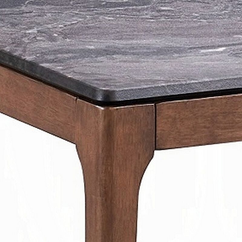 Evis Side End Table, 24 Inch Square Gray Faux Stone Top, Brown Wood - Benzara