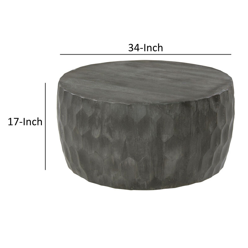 Val 34 Inch Handcrafted Mango Wood Coffee Table, Hammered Round Drum Shape, Honeycomb, Rustic Gray-Benzara
