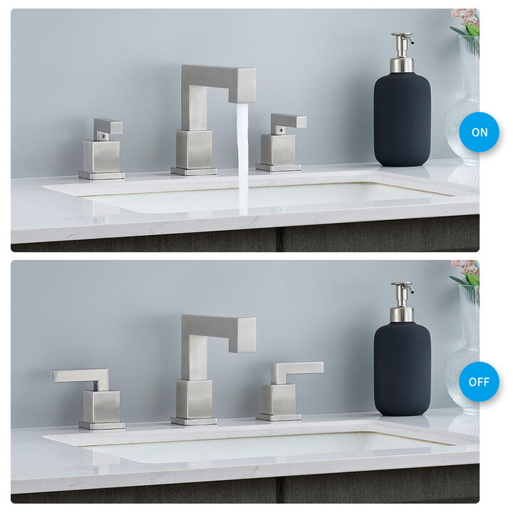 Modern  Brushed Nickel Waterfall Bathroom Faucet, 3-Hole Vanity Sink Faucet with Pop-Up Drain & Lead-Free Hose