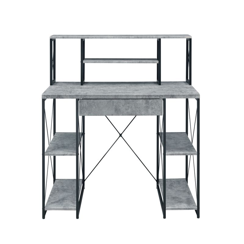 Metal Desk with 4 Open Bottom Shelves and Bookcase Hutch, Gray and Black-Benzara