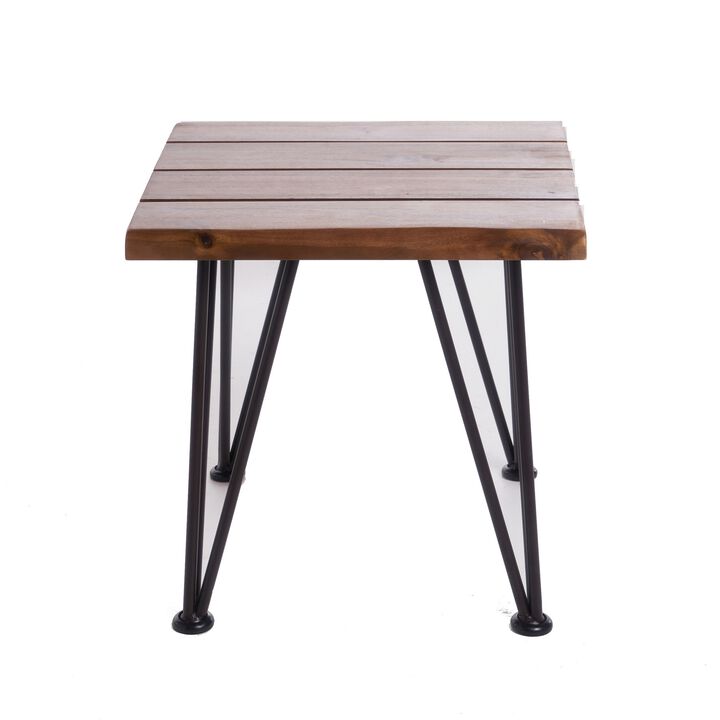 Zion Outdoor Accent Table, 18 Inch Square, Hairpin Legs, Brown Wood - Benzara