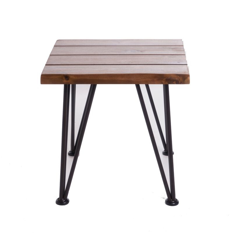 Zion Outdoor Accent Table, 18 Inch Square, Hairpin Legs, Brown Wood - Benzara