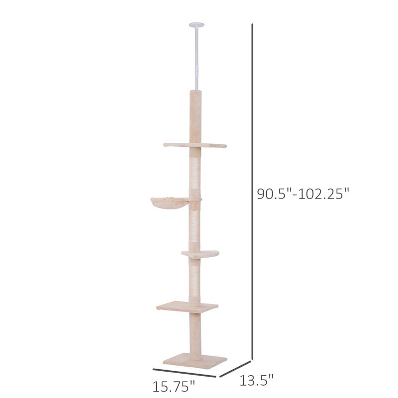 Beige Feline Playground: 8.5' Adjustable Cat Tree with Platforms