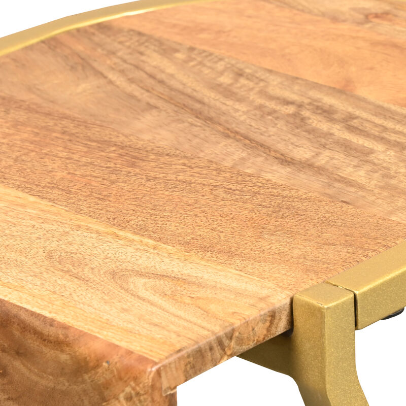 17 Inch Side End C Table, Natural Mango Wood Top with Drop Edge, Iron Gold Angled Frame - Benzara