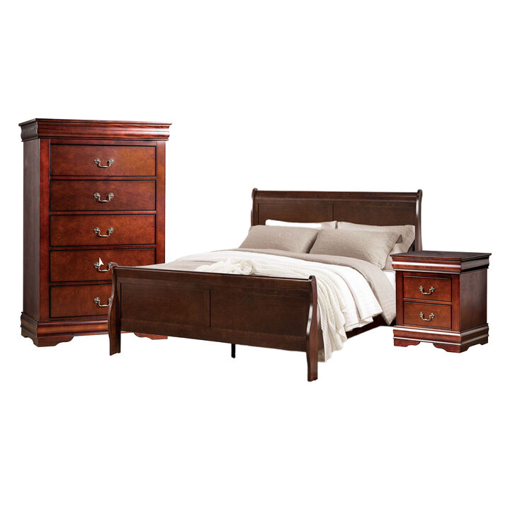 Poy Three Piece Full Size Bedroom Set, Metal Hanging Pulls, Cherry Brown Wood - Benzara