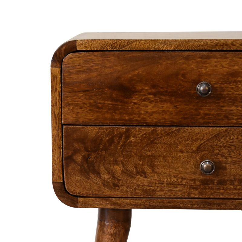 Curved Chestnut Solid Wood 2 Drawer Nightstand