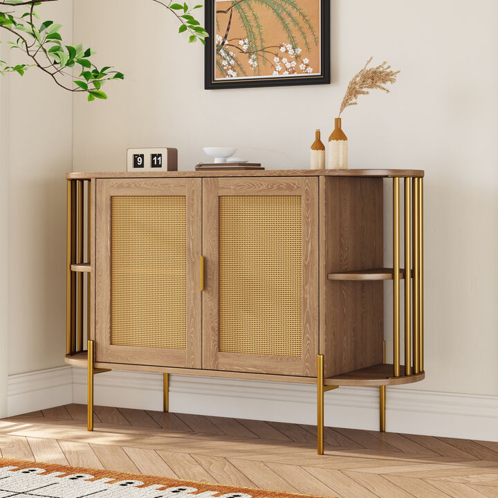 Clihome 2-Door Elegant Curved Dining Cabinet with Gold Trim and Woven Rattan Doors for Dining Room (Natural)