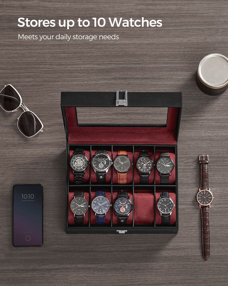 10-Slot Box with Glass Lid Jewelry Holder Case with Removable Pillow