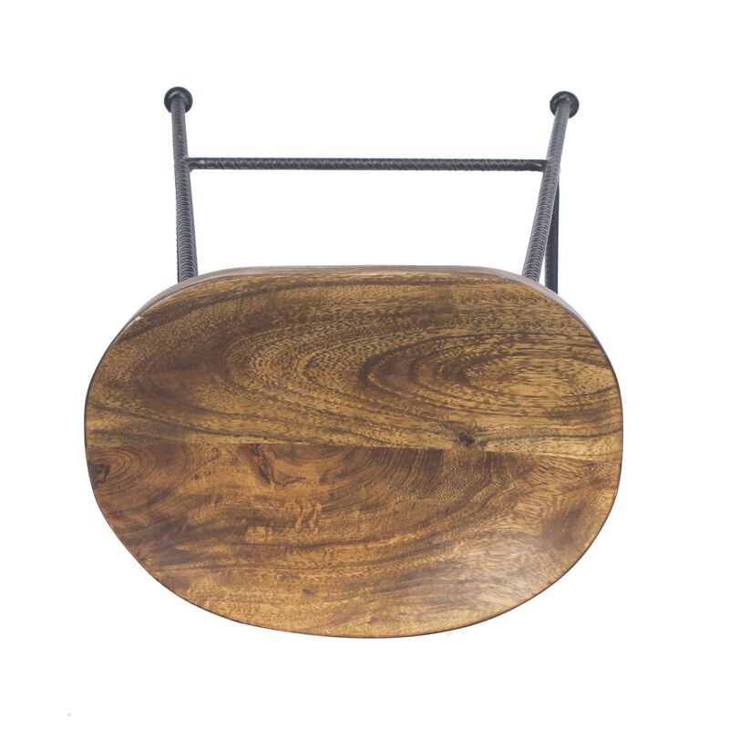 28 Inch Bar Stool with Mango Wood Saddle Seat, Iron Rod Legs, Brown and Black-Benzara