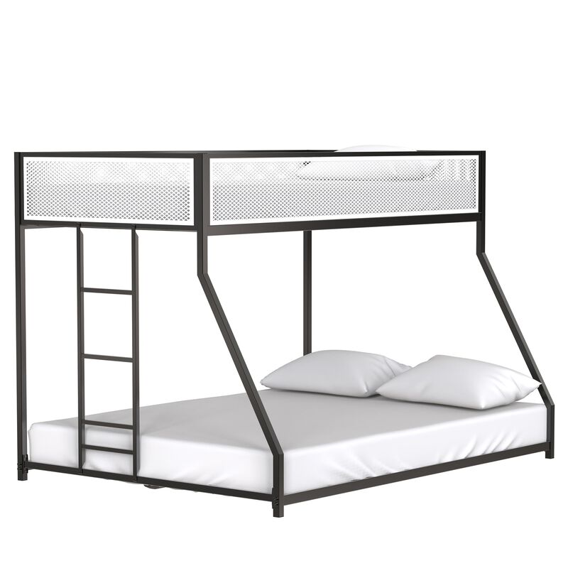 Twin Over Full Bunk Metal Bed Frame with Mesh Guard Rail, Removable Ladder, Noise-Reducing EVA Pad for Kids Bedrooms, Black