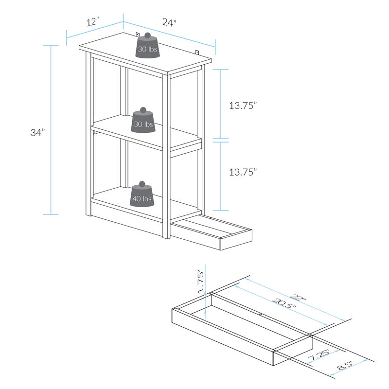 Casual Home Adams Bookcase Sliding Track, Concealment Furniture, White