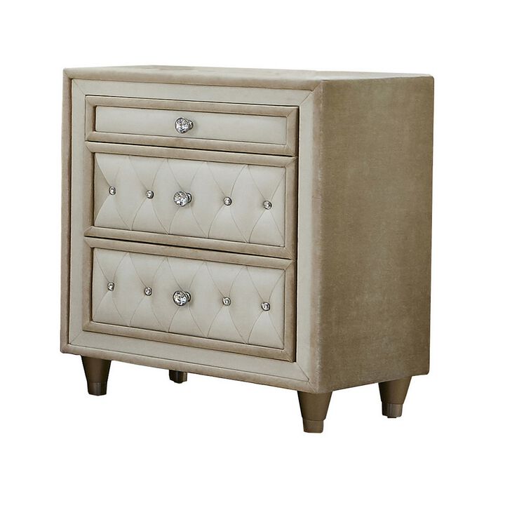 Matt 30 Inch Modern Nightstand, 3 Drawers, Velvet Tufted, Ivory Light Brown-Benzara