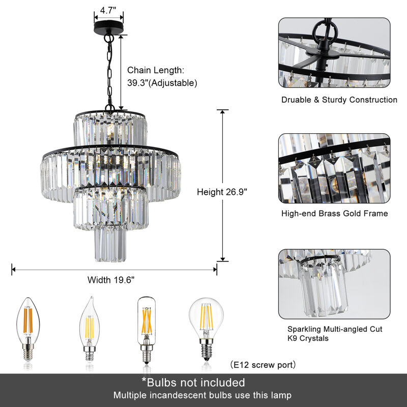 Luxury Black Crystal Chandelier - Dia 19.7 Inch