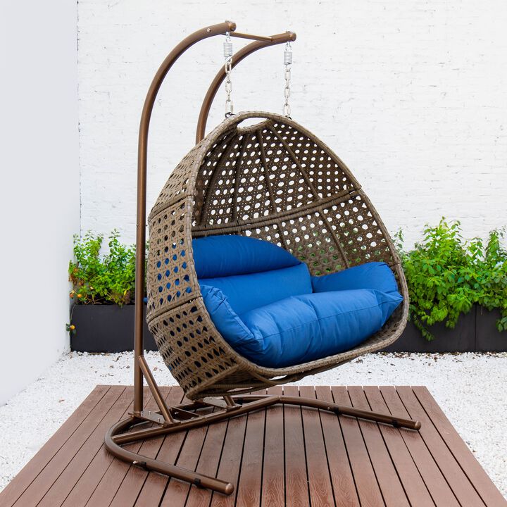 LeisureMod Wicker Hanging Double Egg Swing Chair Removable Cushions With Iron Base