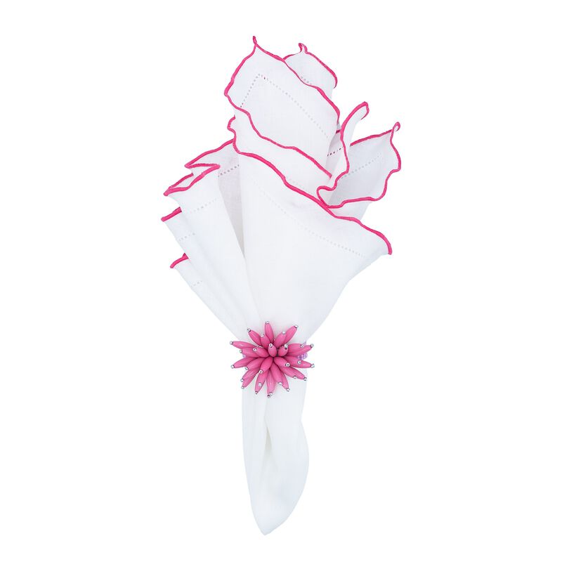 Linen Napkins With Pink Ruffled Hemstitch Edges, Set of 4