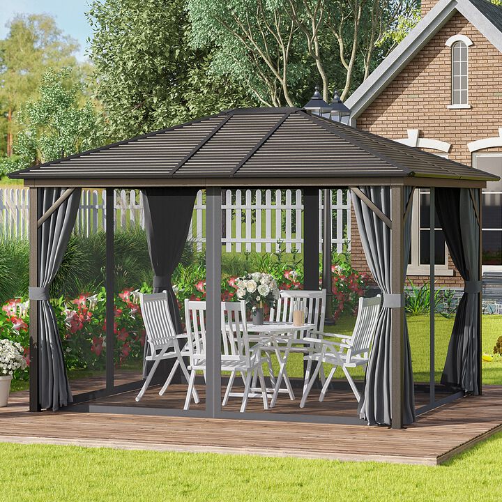 Dark Grey Outdoor Haven: 10'x12' Aluminum Hardtop Gazebo with Curtains