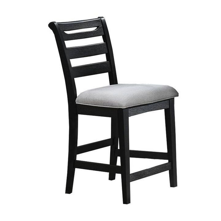 Remus Bar Height Chair, Ladder Back, Black Embossed Wood, Gray Fabric - Benzara
