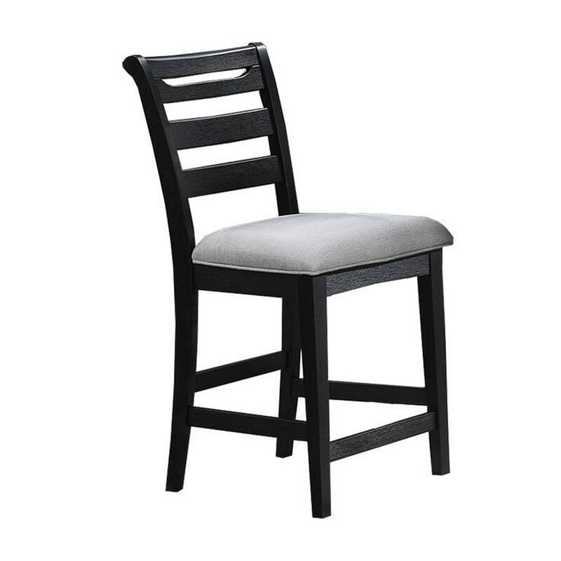 Remus Bar Height Chair, Ladder Back, Black Embossed Wood, Gray Fabric - Benzara