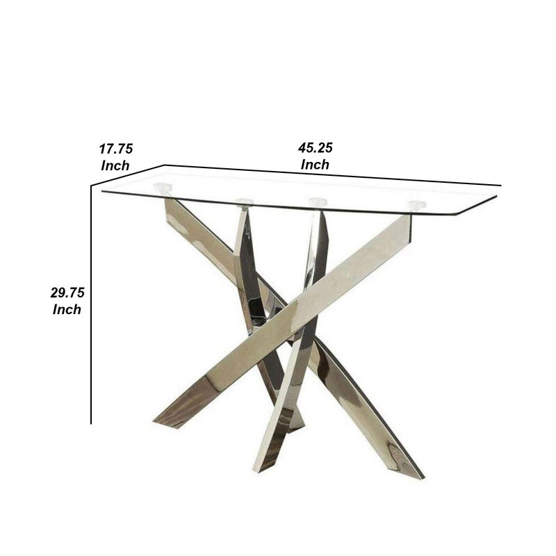 Rectangular Glass Top Sofa Table with Criss Cross Base, Silver and Clear - Benzara